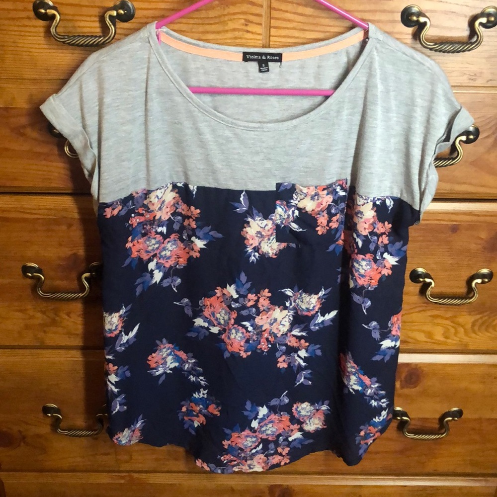 Floral & Solid Mix Short Sleeve Top
